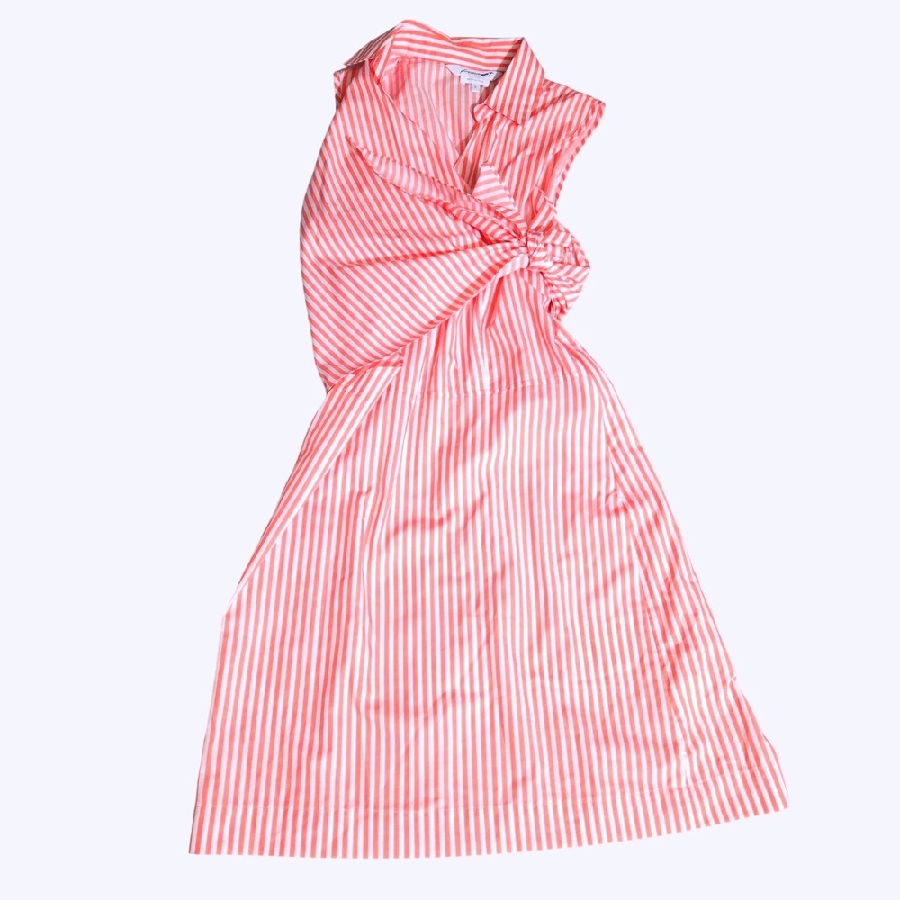 Foxcroft NYC Orange White Striped Wrinkle Free Tie Front Shirt Dress Womens 8